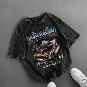 Men Summer Casual Short Sleeve T-Shirt With Letter & Car Graphic Print